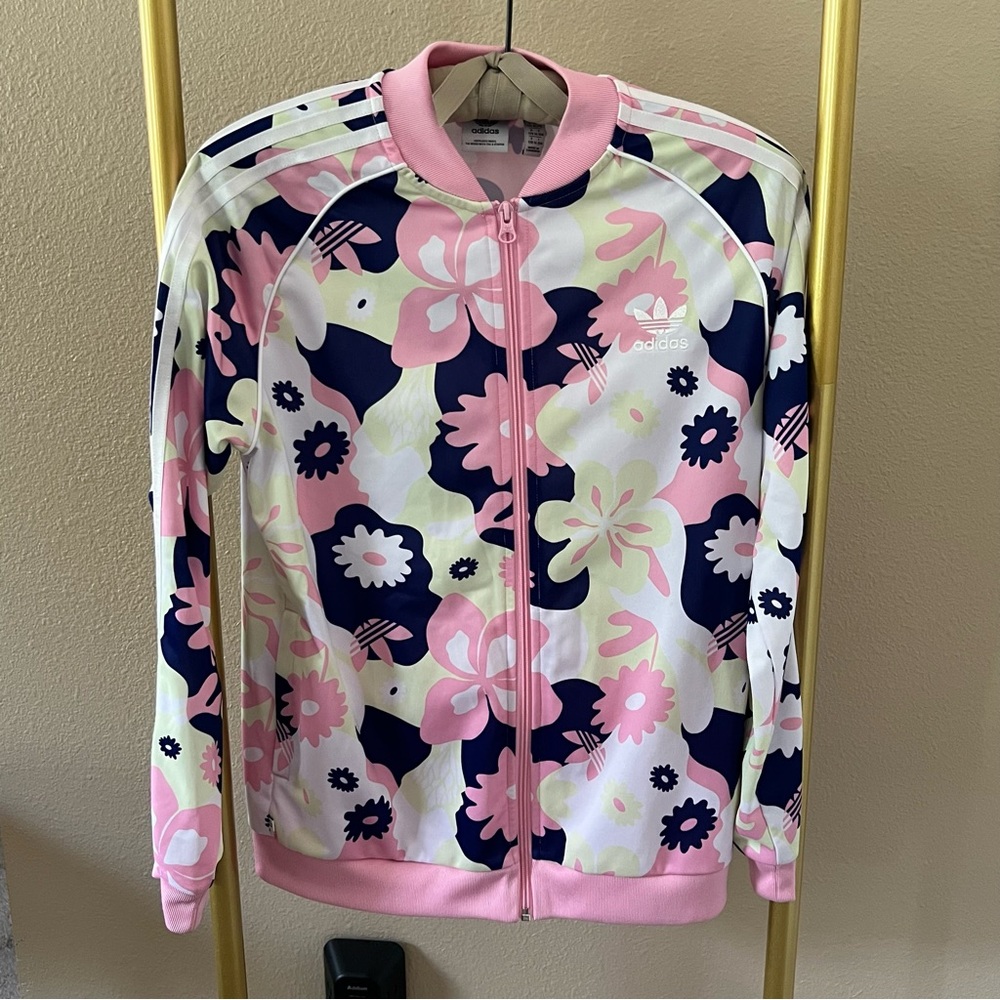 Adidas Girls Pink and Navy Kids Floral Jacket - Size XL